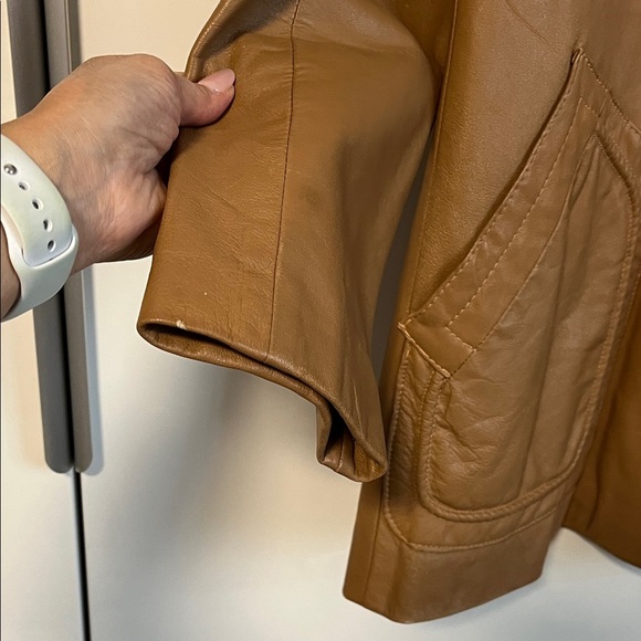 Vintage Tan Leather Jacket Lapel Collar Button Closure , Size 42/L - Picture 5 of 15
